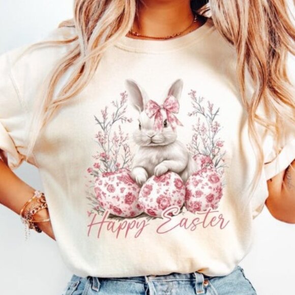 Tops - Happy Easter Day T-Shirt, Coquette Bow Tee, Coquette Bow Bunny Shirt